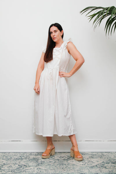 Vintage 1970s Cotton Pinafore Dress, Floral Apron Maxi with Lace Detail