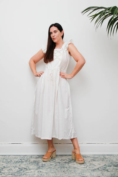 Vintage 1970s Cotton Pinafore Dress, Floral Apron Maxi with Lace Detail