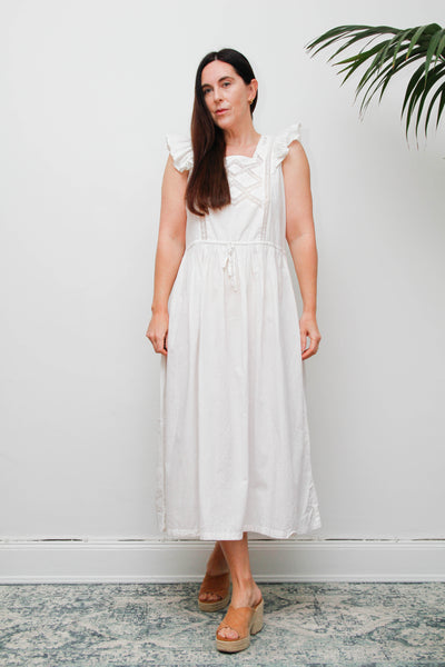 Vintage 1970s Cotton Pinafore Dress, Floral Apron Maxi with Lace Detail