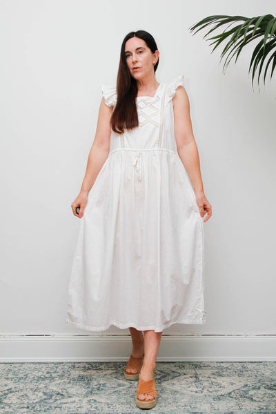 Vintage 1970s Cotton Pinafore Dress, Floral Apron Maxi with Lace Detail