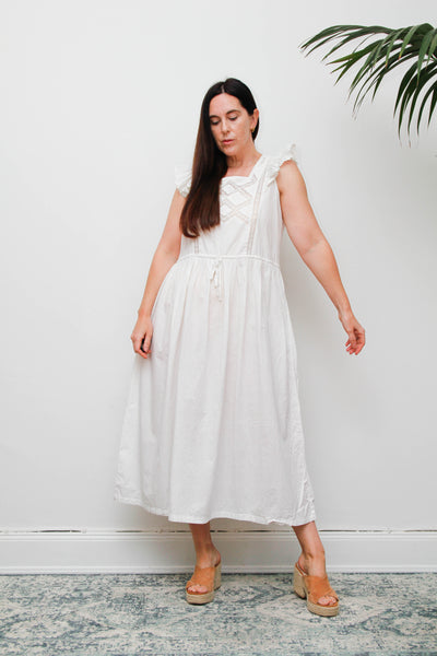 Vintage 1970s Cotton Pinafore Dress, Floral Apron Maxi with Lace Detail