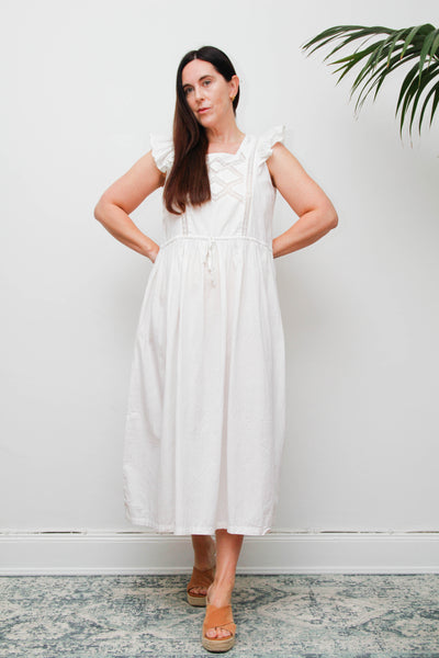 Vintage 1970s Cotton Pinafore Dress, Floral Apron Maxi with Lace Detail