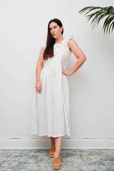 Vintage 1970s Cotton Pinafore Dress, Floral Apron Maxi with Lace Detail