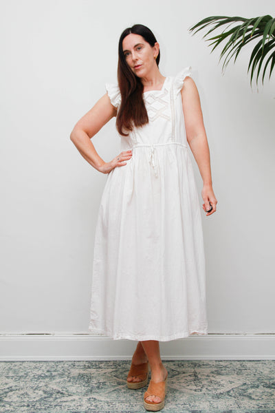 Vintage 1970s Cotton Pinafore Dress, Floral Apron Maxi with Lace Detail
