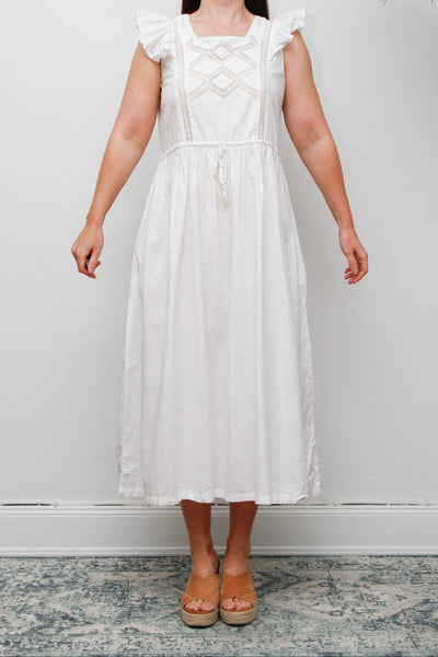 Vintage 1970s Cotton Pinafore Dress, Floral Apron Maxi with Lace Detail