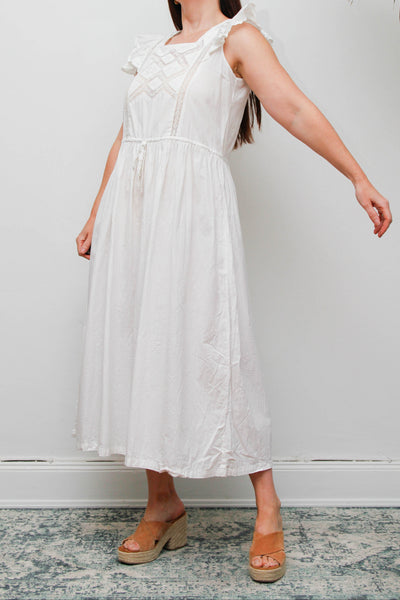 Vintage 1970s Cotton Pinafore Dress, Floral Apron Maxi with Lace Detail