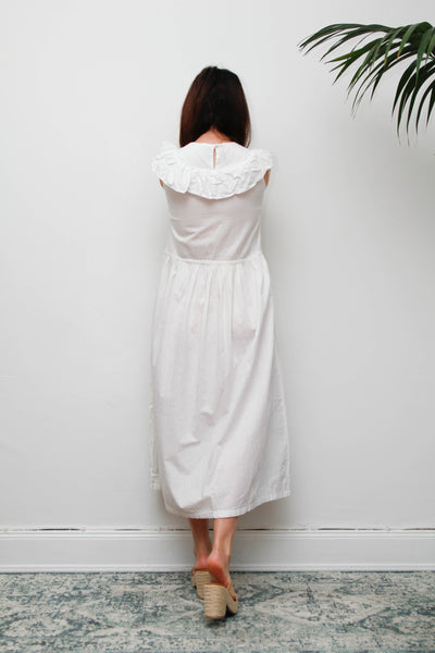 Vintage 1970s Cotton Pinafore Dress, Floral Apron Maxi with Lace Detail