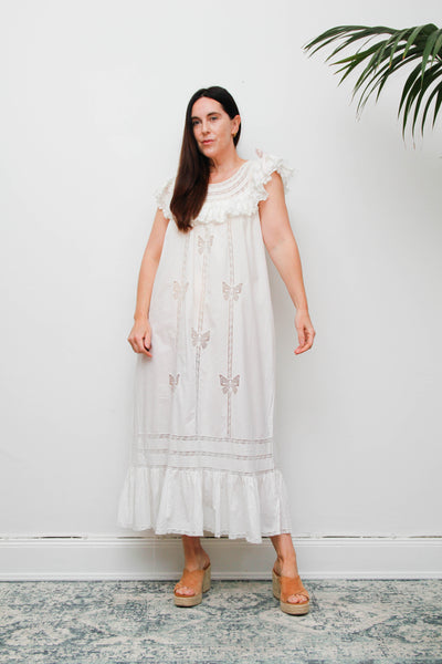Vintage 1970s Ethereal Cotton Gown, Lace Collar Butterfly Cutwork Dress