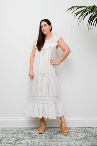 Vintage 1970s Ethereal Cotton Gown, Lace Collar Butterfly Cutwork Dress