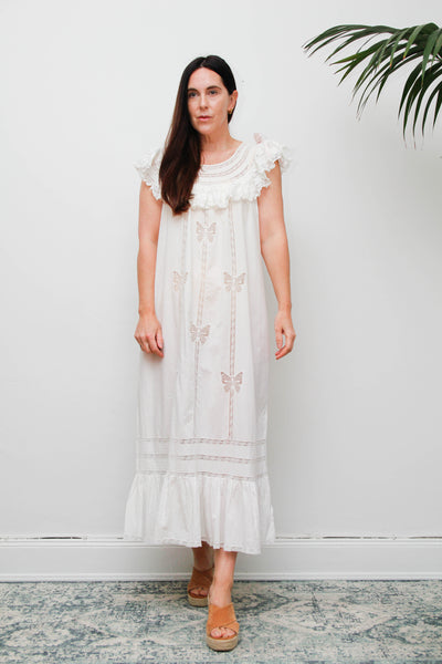 Vintage 1970s Ethereal Cotton Gown, Lace Collar Butterfly Cutwork Dress