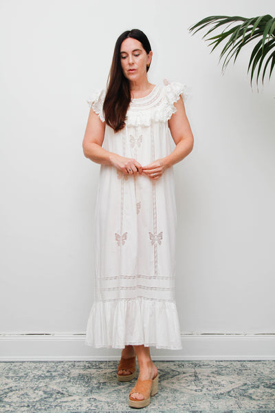Vintage 1970s Ethereal Cotton Gown, Lace Collar Butterfly Cutwork Dress