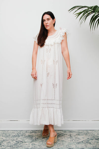 Vintage 1970s Ethereal Cotton Gown, Lace Collar Butterfly Cutwork Dress
