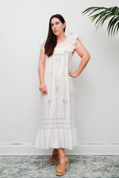 Vintage 1970s Ethereal Cotton Gown, Lace Collar Butterfly Cutwork Dress