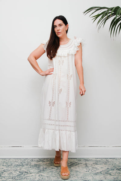 Vintage 1970s Ethereal Cotton Gown, Lace Collar Butterfly Cutwork Dress