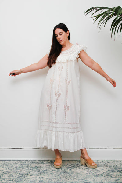 Vintage 1970s Ethereal Cotton Gown, Lace Collar Butterfly Cutwork Dress