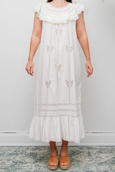 Vintage 1970s Ethereal Cotton Gown, Lace Collar Butterfly Cutwork Dress