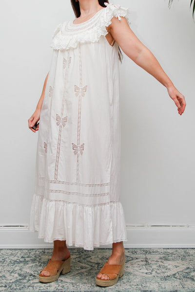 Vintage 1970s Ethereal Cotton Gown, Lace Collar Butterfly Cutwork Dress