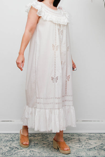 Vintage 1970s Ethereal Cotton Gown, Lace Collar Butterfly Cutwork Dress