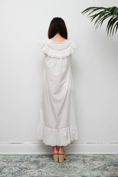 Vintage 1970s Ethereal Cotton Gown, Lace Collar Butterfly Cutwork Dress