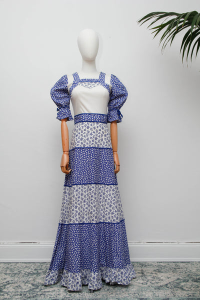 Vintage Prairie Dress, Blue Floral Cotton Cottagecore Maxi
