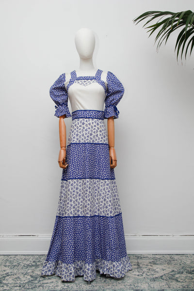 Vintage Prairie Dress, Blue Floral Cotton Cottagecore Maxi
