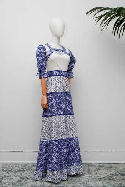 Vintage Prairie Dress, Blue Floral Cotton Cottagecore Maxi