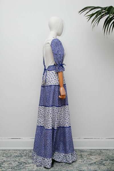 Vintage Prairie Dress, Blue Floral Cotton Cottagecore Maxi