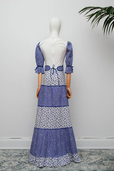 Vintage Prairie Dress, Blue Floral Cotton Cottagecore Maxi