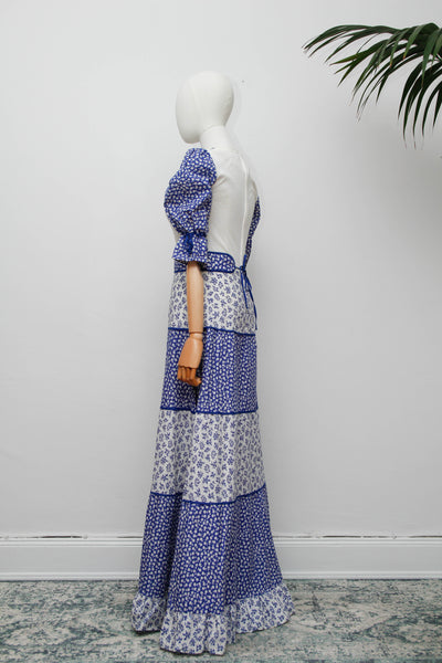 Vintage Prairie Dress, Blue Floral Cotton Cottagecore Maxi