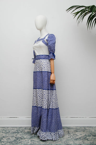Vintage Prairie Dress, Blue Floral Cotton Cottagecore Maxi