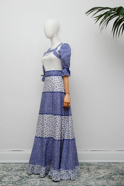 Vintage Prairie Dress, Blue Floral Cotton Cottagecore Maxi