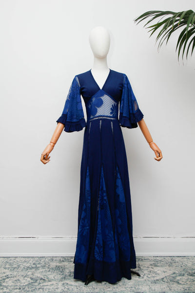 Vintage Navy Kaftan Dress, Angel Sleeve Bohemian Maxi with Lace