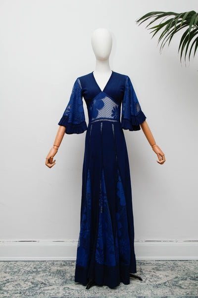 Vintage Navy Kaftan Dress, Angel Sleeve Bohemian Maxi with Lace
