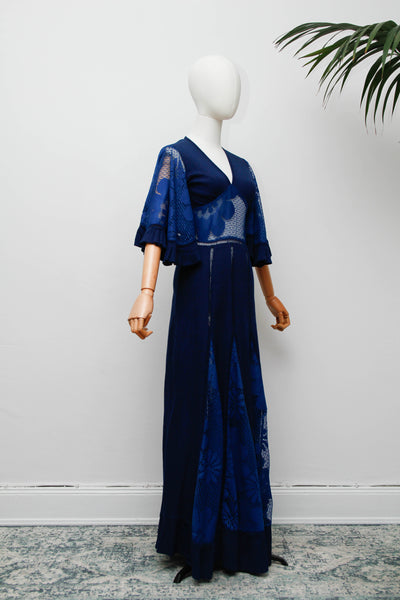 Vintage Navy Kaftan Dress, Angel Sleeve Bohemian Maxi with Lace