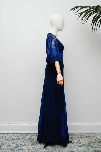 Vintage Navy Kaftan Dress, Angel Sleeve Bohemian Maxi with Lace