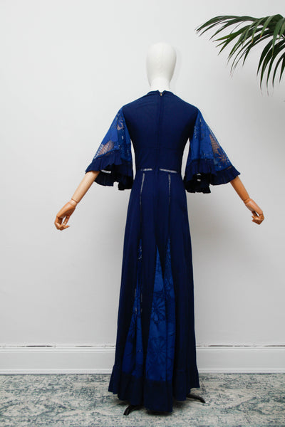 Vintage Navy Kaftan Dress, Angel Sleeve Bohemian Maxi with Lace