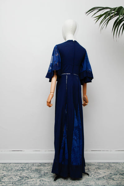 Vintage Navy Kaftan Dress, Angel Sleeve Bohemian Maxi with Lace