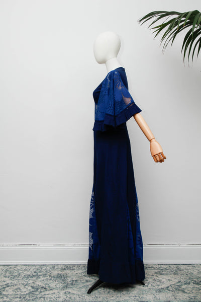 Vintage Navy Kaftan Dress, Angel Sleeve Bohemian Maxi with Lace
