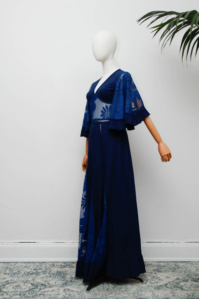 Vintage Navy Kaftan Dress, Angel Sleeve Bohemian Maxi with Lace