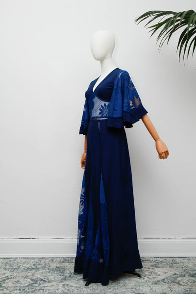 Vintage Navy Kaftan Dress, Angel Sleeve Bohemian Maxi with Lace