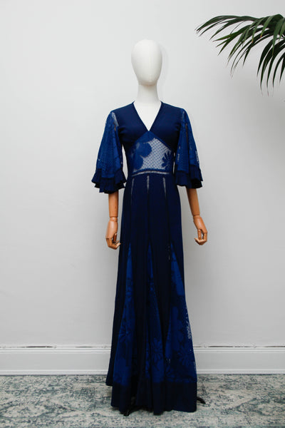 Vintage Navy Kaftan Dress, Angel Sleeve Bohemian Maxi with Lace
