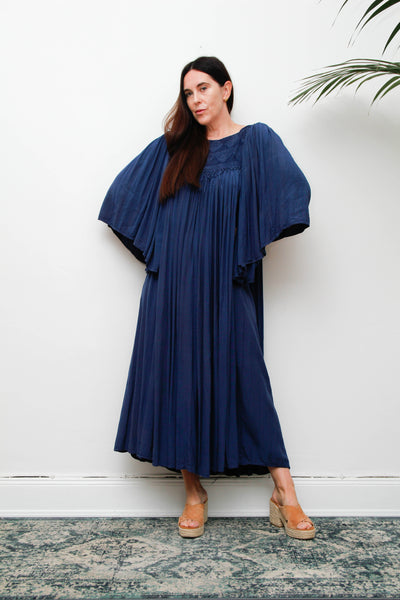 Rare Vintage Indian Kaftan Dress, Deep Blue Embroidered Bohemian Maxi