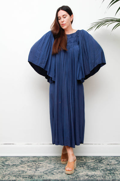 Rare Vintage Indian Kaftan Dress, Deep Blue Embroidered Bohemian Maxi