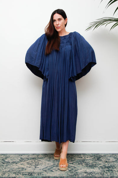 Rare Vintage Indian Kaftan Dress, Deep Blue Embroidered Bohemian Maxi