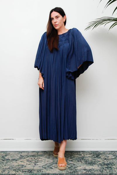 Rare Vintage Indian Kaftan Dress, Deep Blue Embroidered Bohemian Maxi