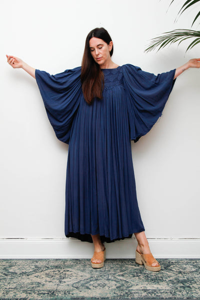 Rare Vintage Indian Kaftan Dress, Deep Blue Embroidered Bohemian Maxi
