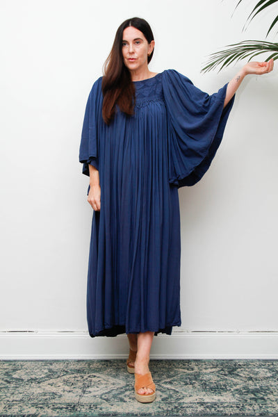 Rare Vintage Indian Kaftan Dress, Deep Blue Embroidered Bohemian Maxi
