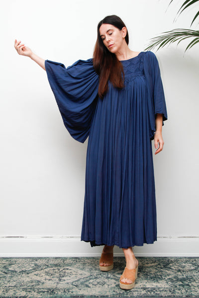 Rare Vintage Indian Kaftan Dress, Deep Blue Embroidered Bohemian Maxi