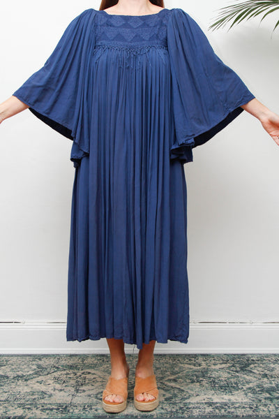 Rare Vintage Indian Kaftan Dress, Deep Blue Embroidered Bohemian Maxi