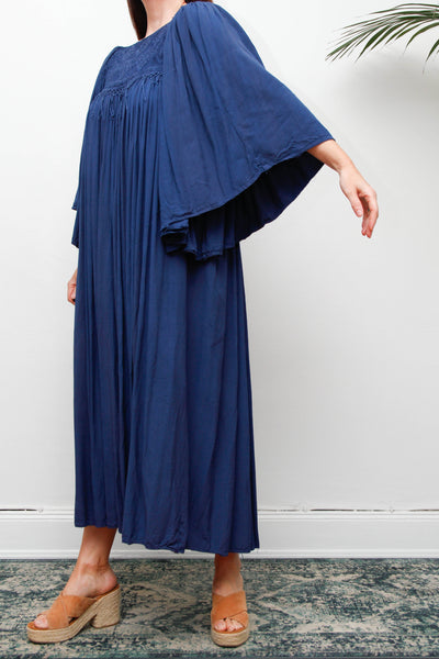 Rare Vintage Indian Kaftan Dress, Deep Blue Embroidered Bohemian Maxi